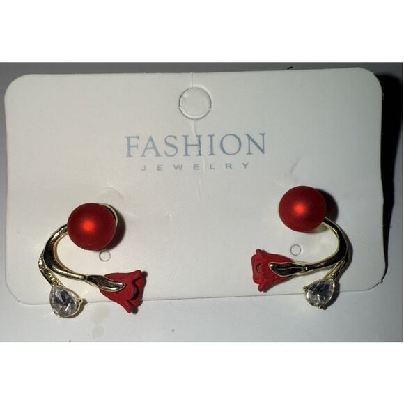 NWT Red Pearl And Flower Stud Earrings - Picture 1 of 2